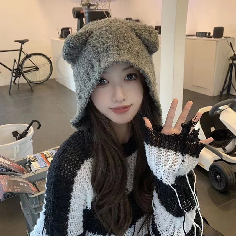 可爱小熊耳朵针织帽女秋冬显脸小百搭保暖毛线帽毛绒护耳帽S-14