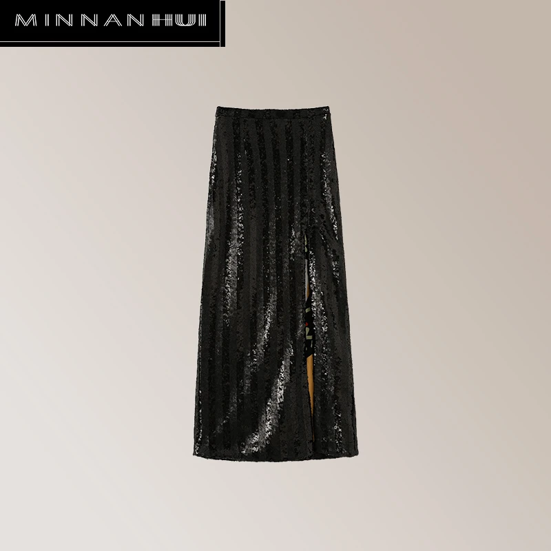 【设计师品牌】NNANHUI原创条纹珠片华尔兹新中式色半身长裙