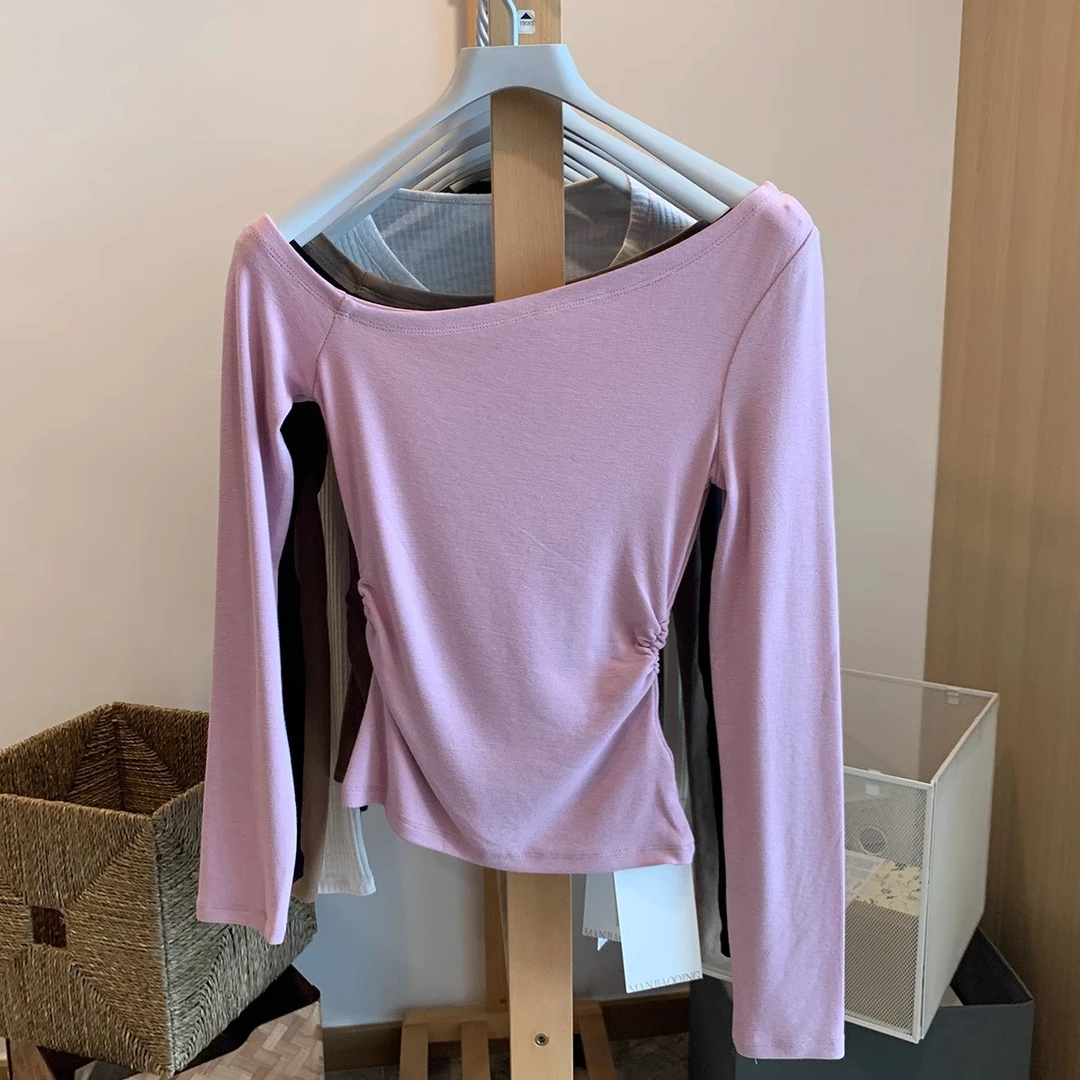 斜肩长袖T恤女2024秋新款修身显瘦纯欲辣妹内搭一字肩打底衫上衣