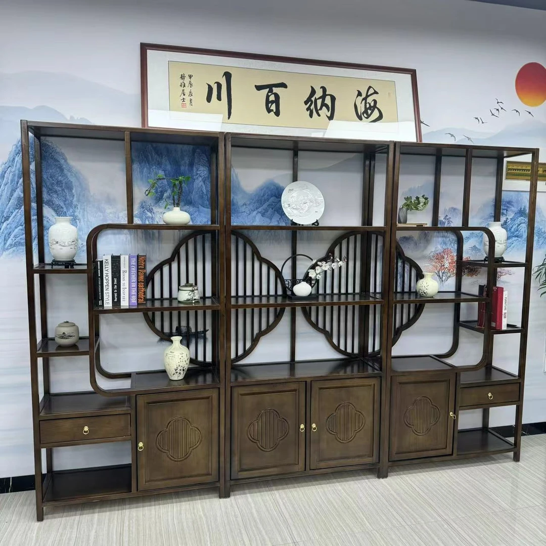 【梅花】新中式多宝阁茶叶展示柜实木摆件工艺雕花茶具功能客厅书架
