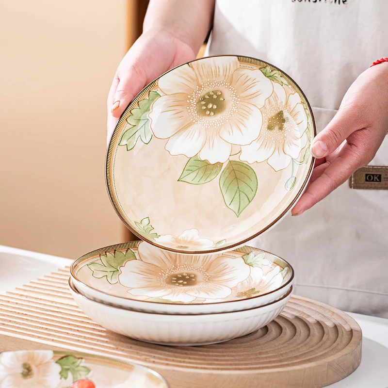 山茶花7英寸圆盘景德镇陶瓷家用盘子餐具日式釉下彩餐盘网红菜盘