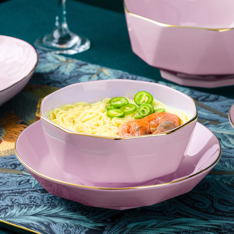 粉色钻石6英寸泡面碗6个装景德镇陶瓷碗盘餐具大号家用吃面大碗