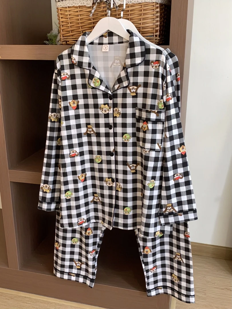 3102黑色米奇大码春秋季宽松睡衣女长袖卡通可爱可外穿家居服套装