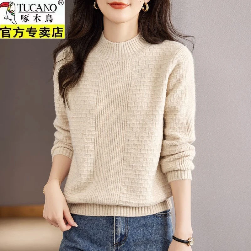啄木鸟半高领羊毛女秋冬内搭羊毛衫上衣洋气宽松大码针织打底衫