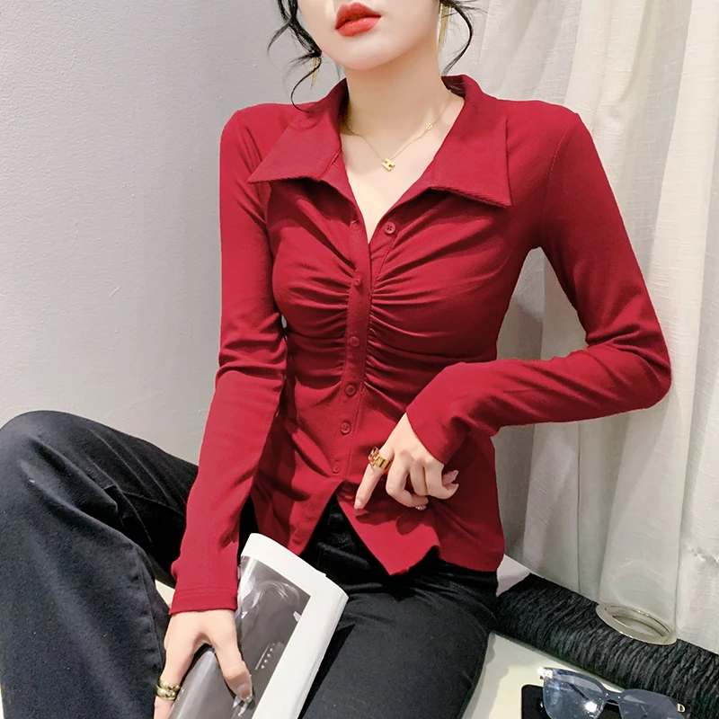 设计款修身红色T恤显瘦洋气冬季翻领上衣洋气打底衫女