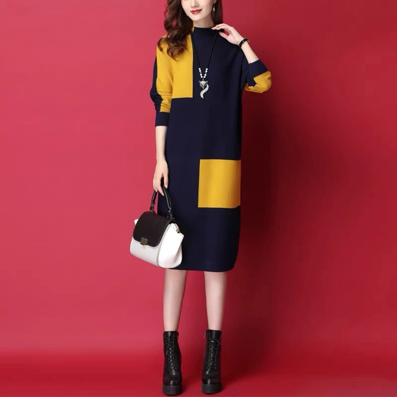 MSL1051气质内搭针织连衣裙女撞色宽松洋气过膝打底连衣裙