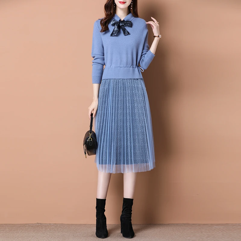 MSL278秋冬2024新款时尚网纱拼接气质假两件毛衣裙