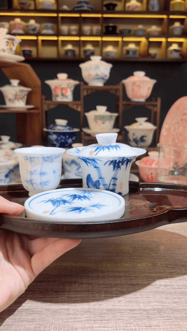【闪购商品】手绘竹子马蹄盖碗+送主人杯+送盖置