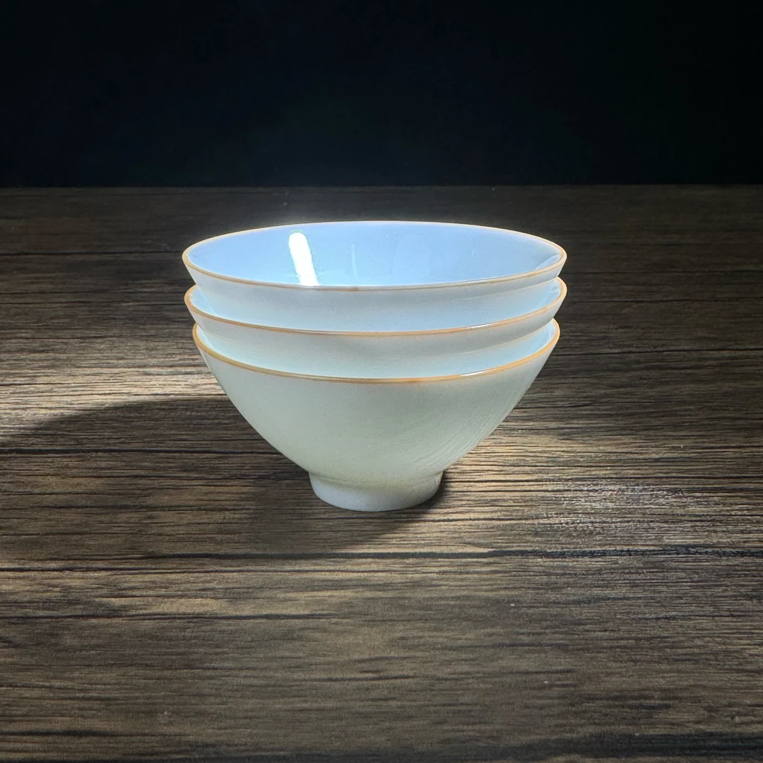 陶瓷杯【三个】薄胎高温瓷釉下工艺羊脂玉客杯斗笠杯品茗杯功夫茶杯