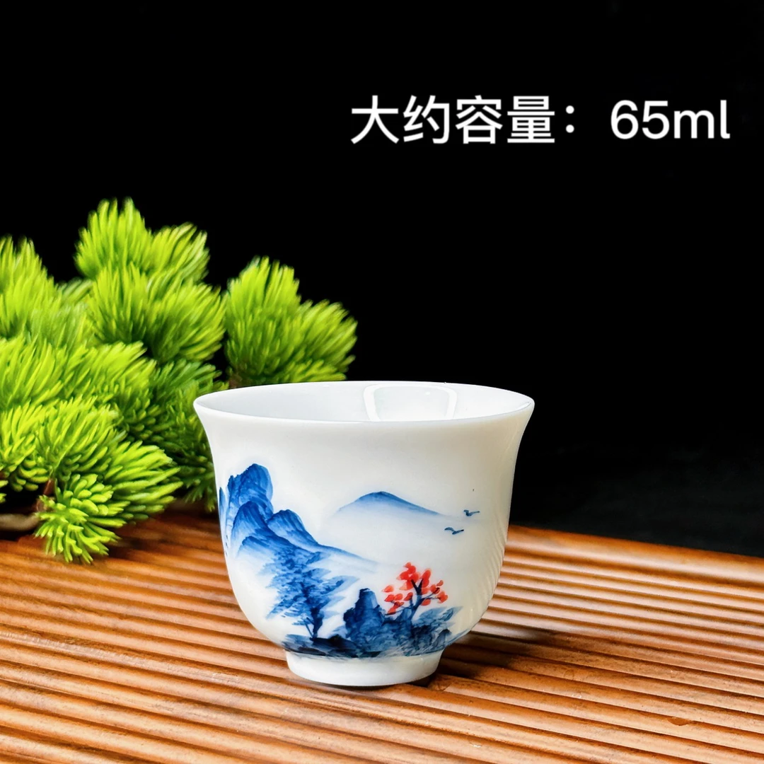 手绘纯手工釉下彩陶瓷茶杯家用待客主人杯白瓷品茗杯大容量茶杯