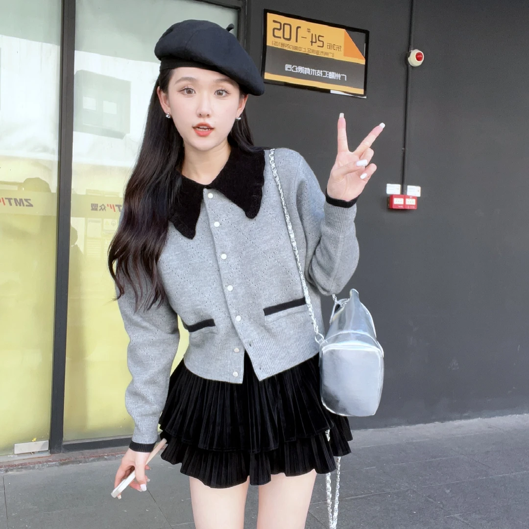 小香风荷叶边翻领菱格针织毛衣秋冬外套新款减龄翻领短款针织毛衣