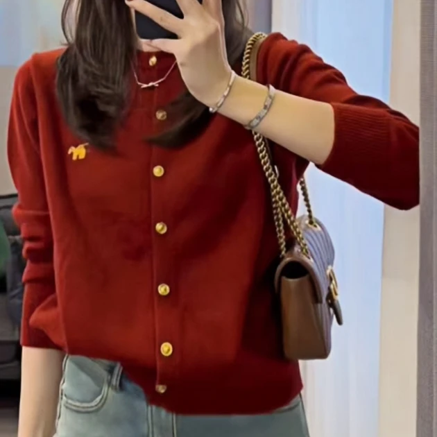 小香风红色显瘦开衫外套女装秋冬新款针织衫内搭洋气打底衫上衣女