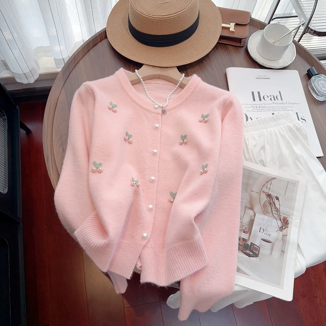 6808法式甜美樱桃刺绣珠珍毛衣外套女秋冬2024新款设计感针织开衫