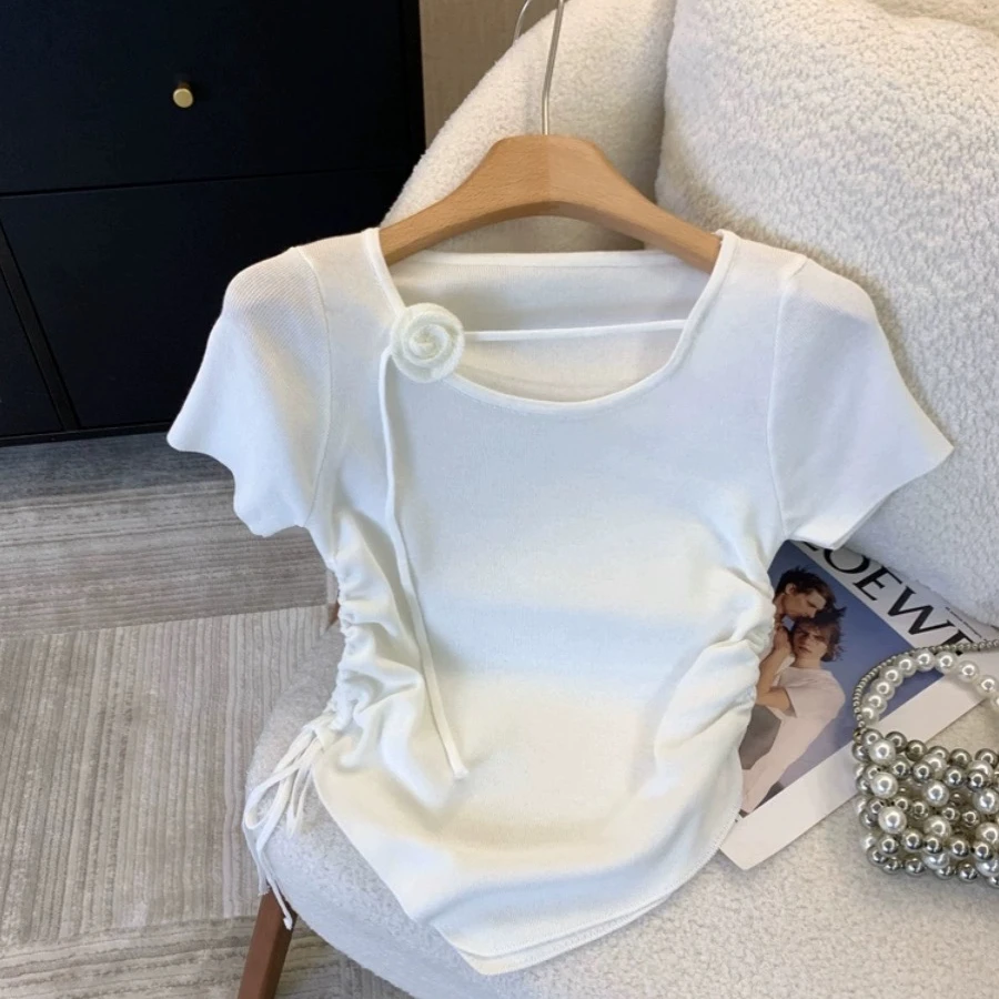 薄荷曼波风绿色针织短袖t恤女夏款花朵拼接收腰短款不规则小上衣