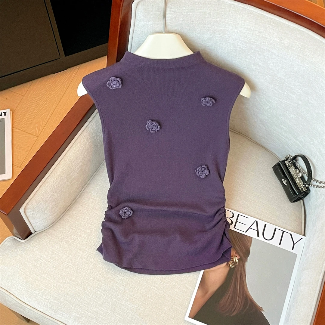 打底新款小香风纯色立体花朵洋气背心女内搭宽松显瘦无袖上衣女