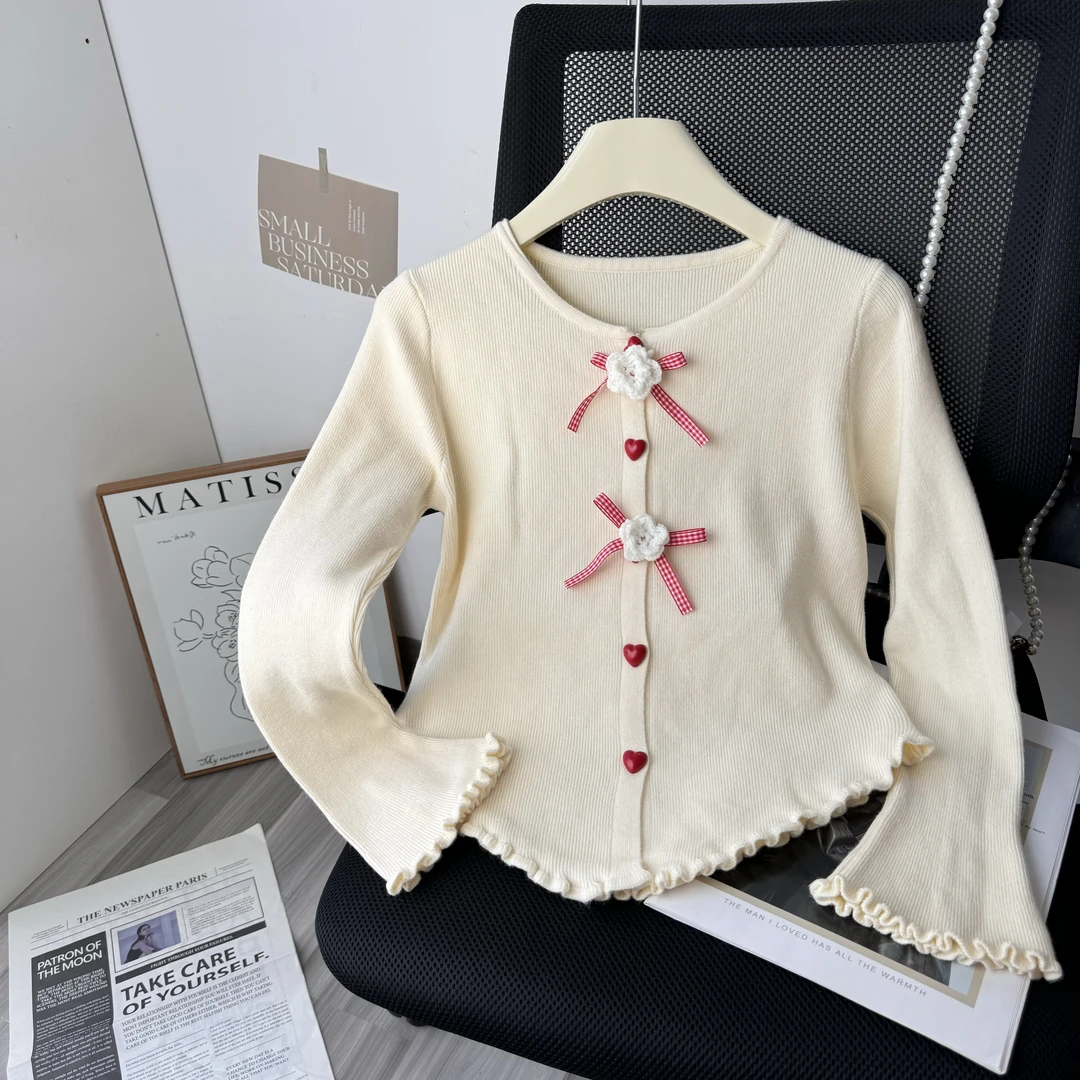 法式粉红色蝴蝶结针织开衫女秋冬木耳边气质毛衣修身内搭减龄上衣