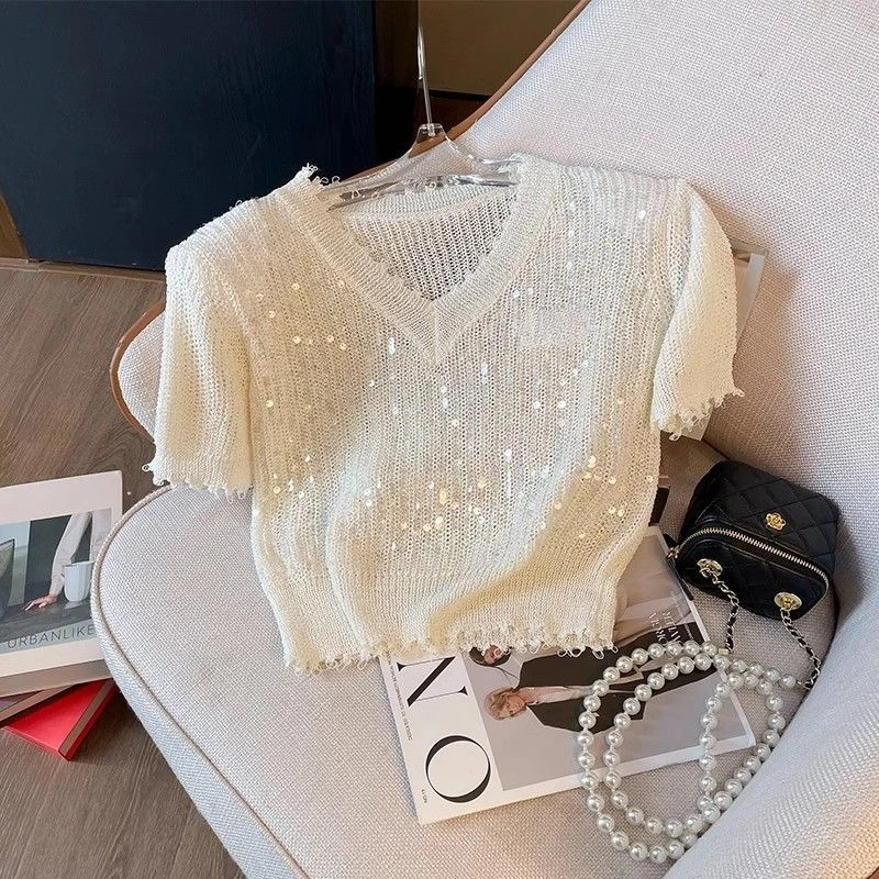 夏季新款设计感亮片细闪超好看针织衫女短款小个子精致短款上衣