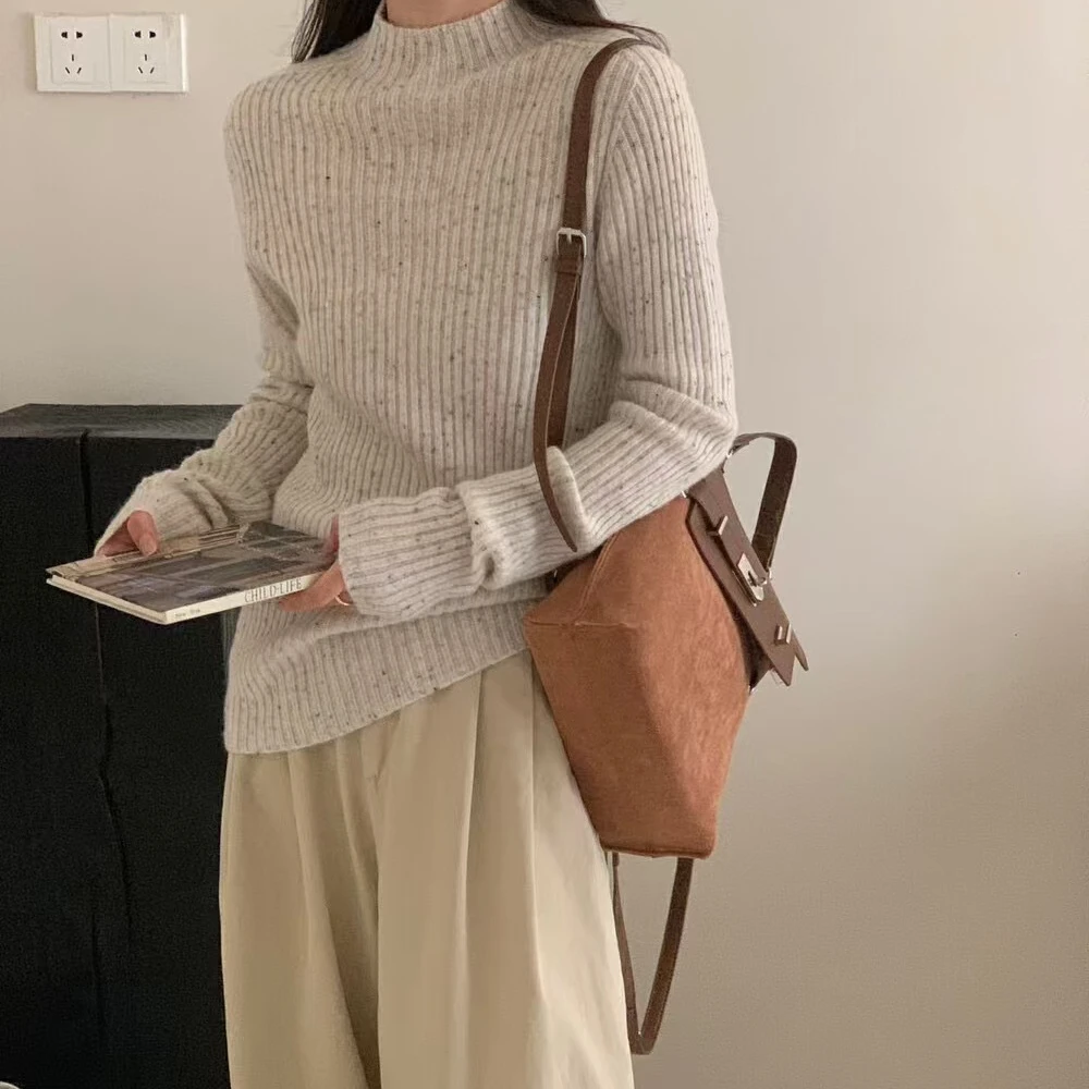 回馈价！无缝一体100%绵羊毛百搭坑条大弹力半高领针织打底衫