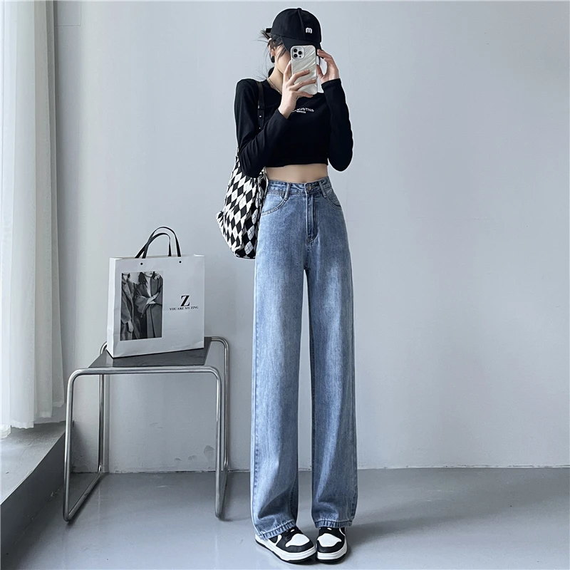 高腰窄版直筒牛仔裤女夏季薄款2025年新款小个子垂感宽松阔腿裤