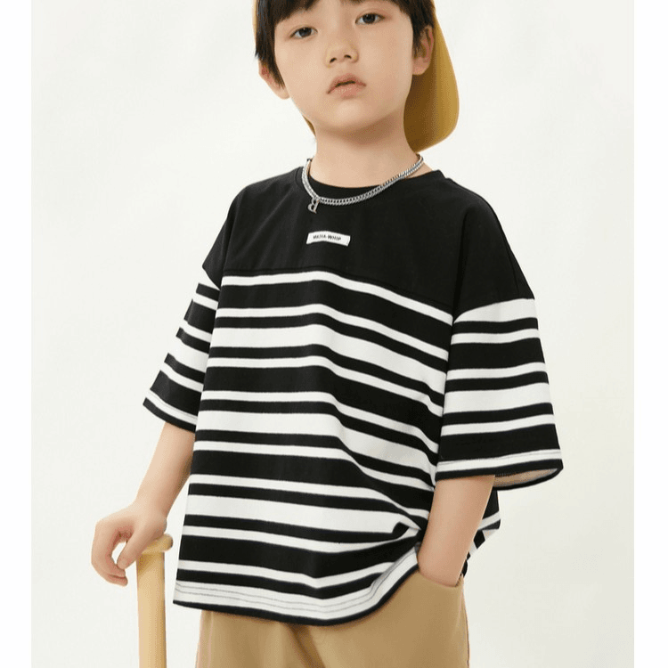 多多家高货拼接条纹T恤黑色条110码
