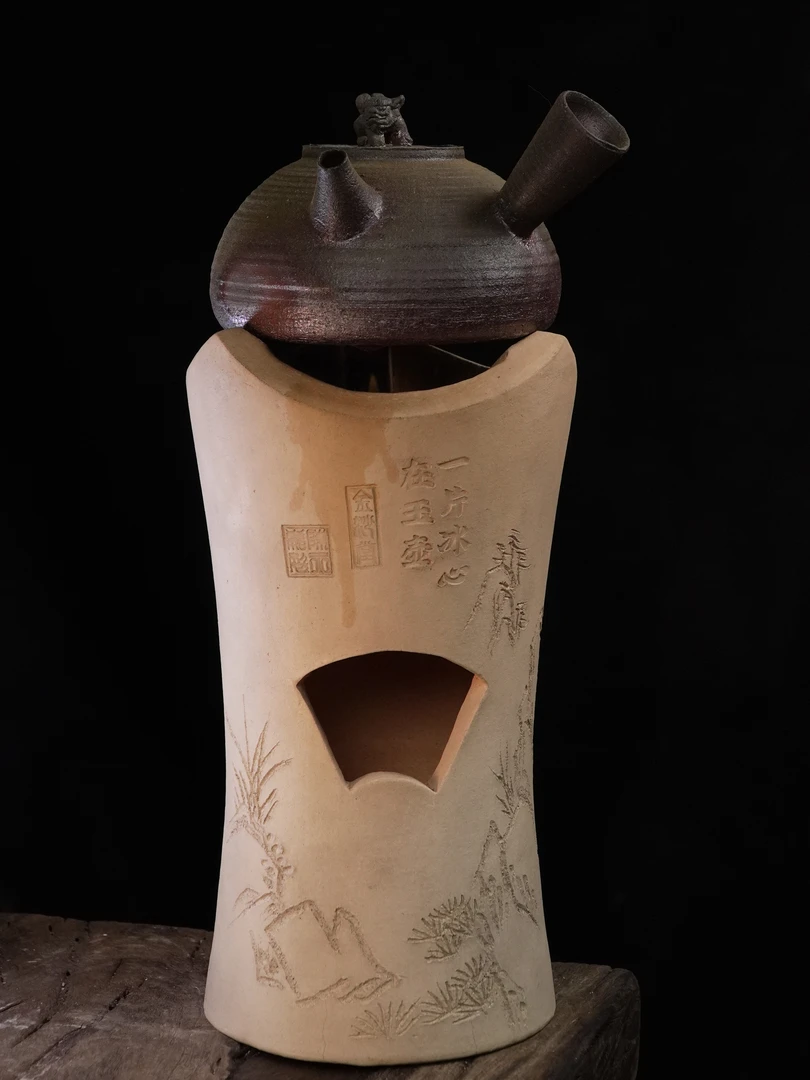 潮州古龙窑纯手工柴烧狮子侧把煮水砂銚壶天窑熏烧炭炉套装侘寂风