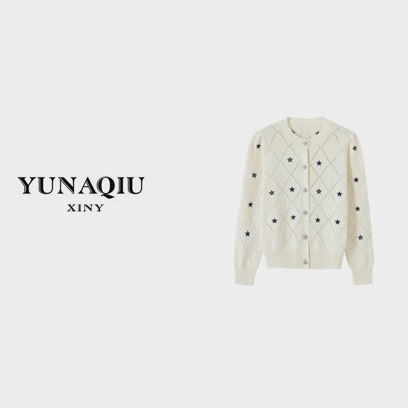 YUNAQIU女士幸运星长袖立体刺绣针织开衫气质上衣-8816