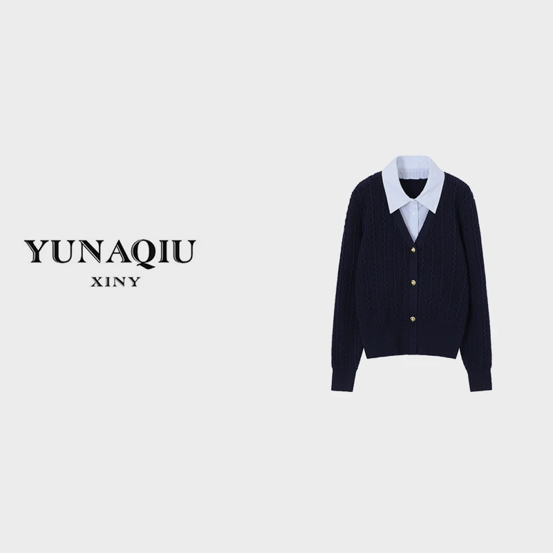 YUNAQIU-3065时尚气质POLO领假两件长袖毛衣女百搭休闲羊毛针织衫