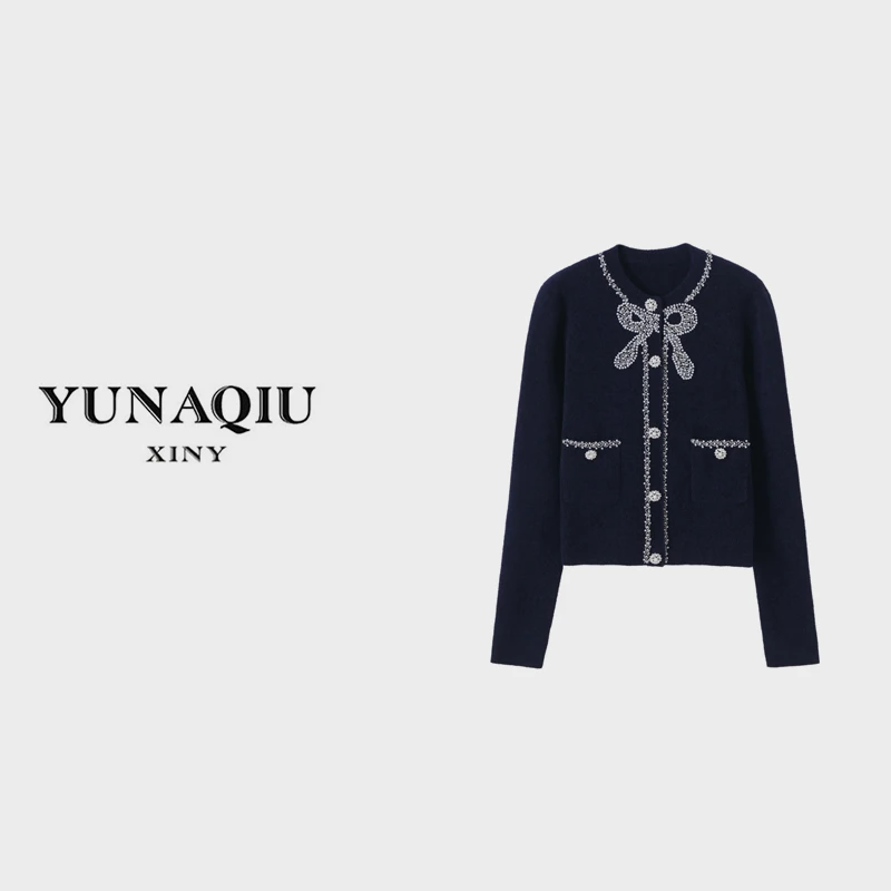 YUNAQIU长袖针织衫秋季女装气质轻奢时尚开衫设计女装上衣8120