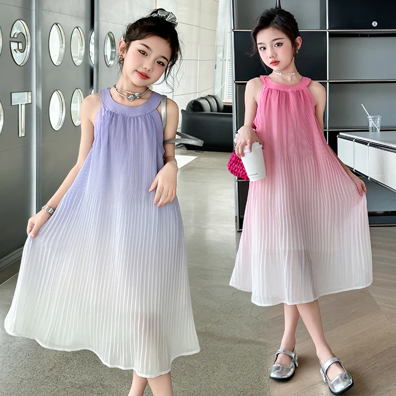 女童夏装新款裙子韩版压皱连衣裙2024年夏季宽松渐变挂脖连衣裙
