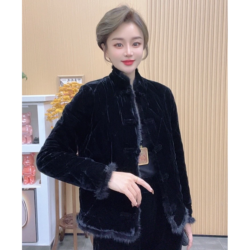 秋冬真丝绒薄棉服拼接貂毛领盘扣国风短棉服外套百搭58CM上下长度