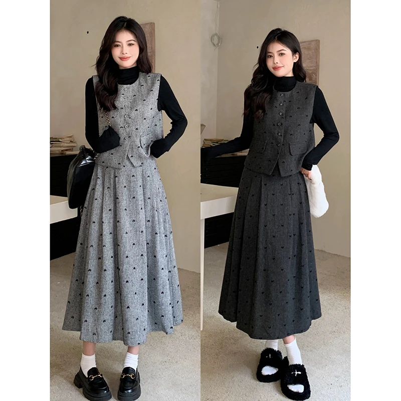 大码复古气质高级感套装女秋季外搭马甲胖MM遮肚藏肉半身裙三件套