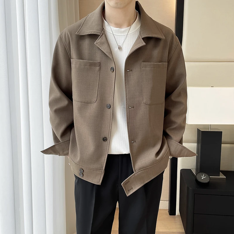 阿航男装秋季2024翻领潮流时尚宽松设计感夹克外套纯色百搭上衣男