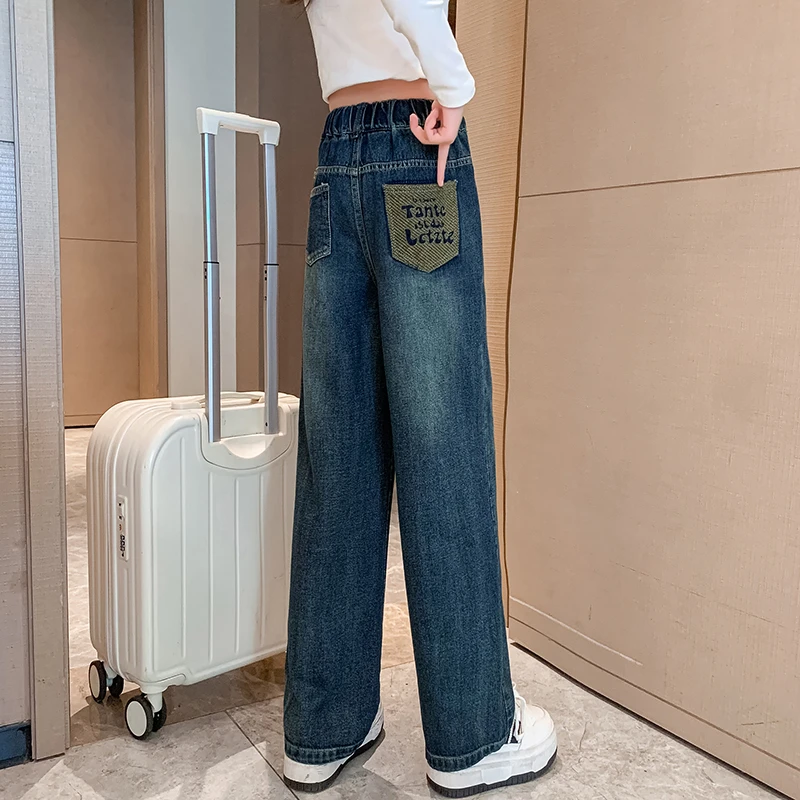 女孩牛仔裤女童烟管裤儿童裤子童装阔腿裤直筒宽松加绒加厚秋冬潮