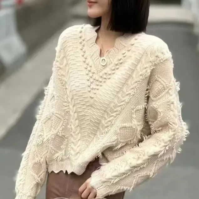 时尚新潮纯色女款100羊绒镂空上衣26089
