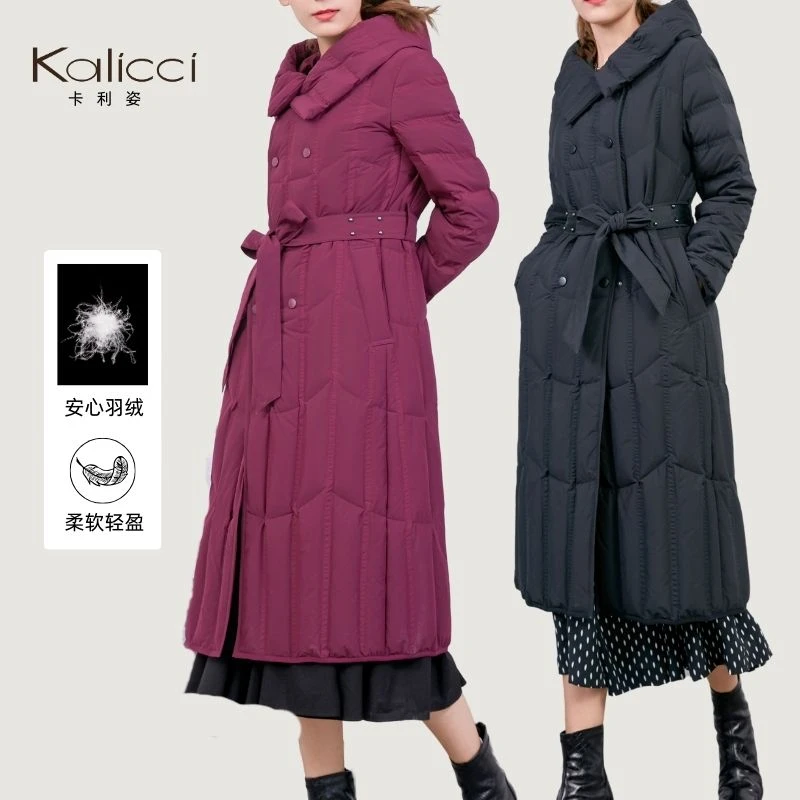 中长款90绒秋冬连帽保暖女款极简鸭绒羽绒服腰带高腰腰爆款羽绒服