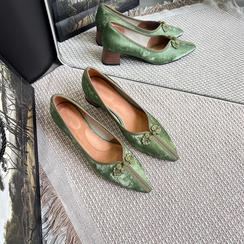 半坊手工女鞋|34-40码|4.5cm跟|法式尖头粗跟国风牛皮浅口单鞋女