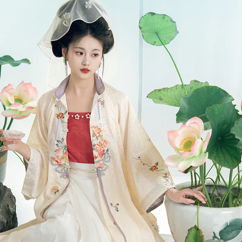 瞳莞原创设计夏时华竖领对襟直袖长衫绣花明制汉服吊带女夏季日常