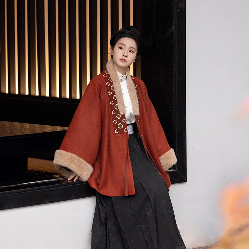 瞳莞原创汉服胡不归直领大袖短袄秋冬保暖日常百搭2023新款