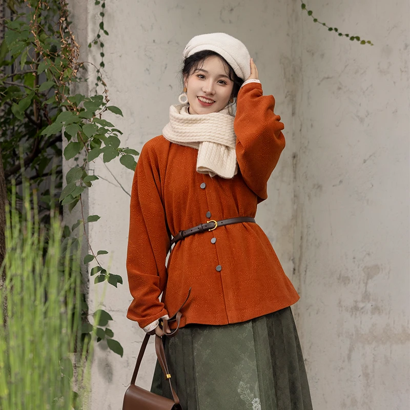 瞳莞原创风入松竖领对襟窄袖短袄针织日常汉服南瓜橙2024秋冬新款