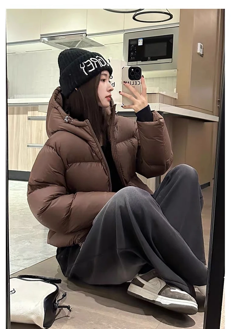 肯豆风2023年新款白鸭绒羽绒服女连帽小个子面包服加厚保暖外套