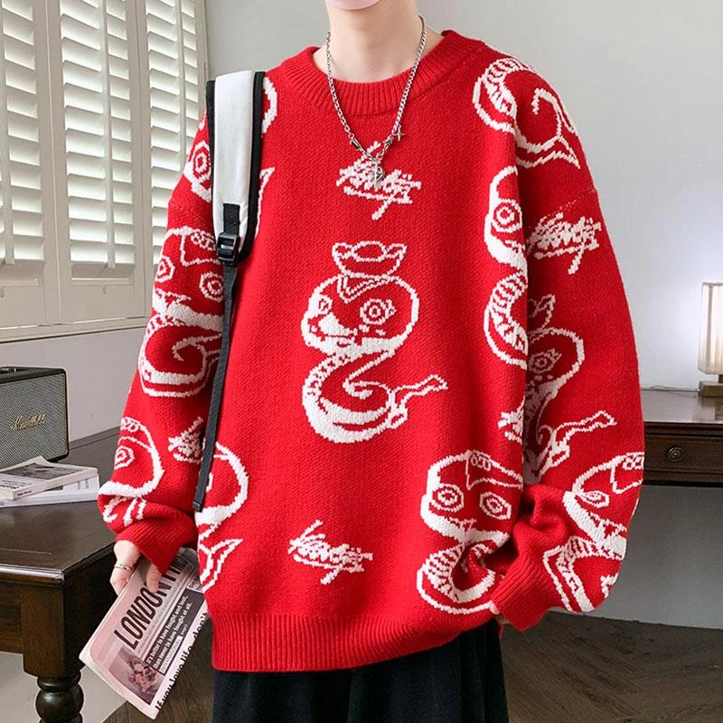 国潮毛衣男款冬季红色过年服打底针织衫蛇年新款青少年卡通毛线衣