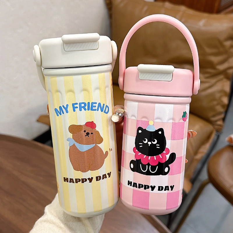 咖啡保温杯女生2024新款高颜值带吸管水杯小巧便携式办公室水杯子