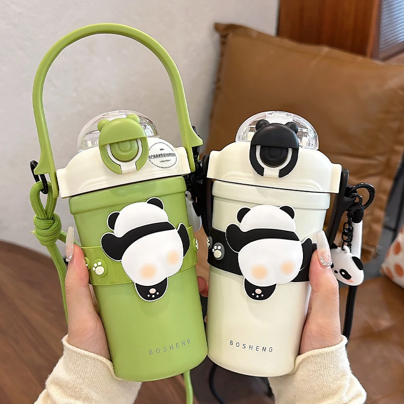 熊猫儿童保温杯男女生上学专用吸管水杯带背带可斜挎学生双饮杯子