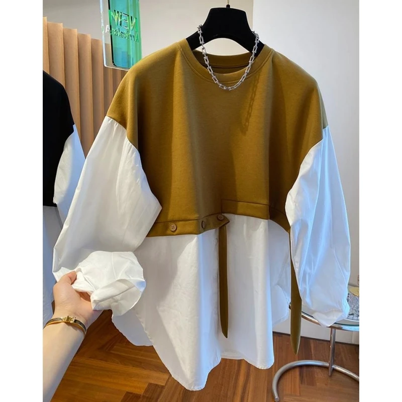 今年流行设计感小众宽松撞色t恤卫衣拼接假两件长袖衬衫上衣女秋