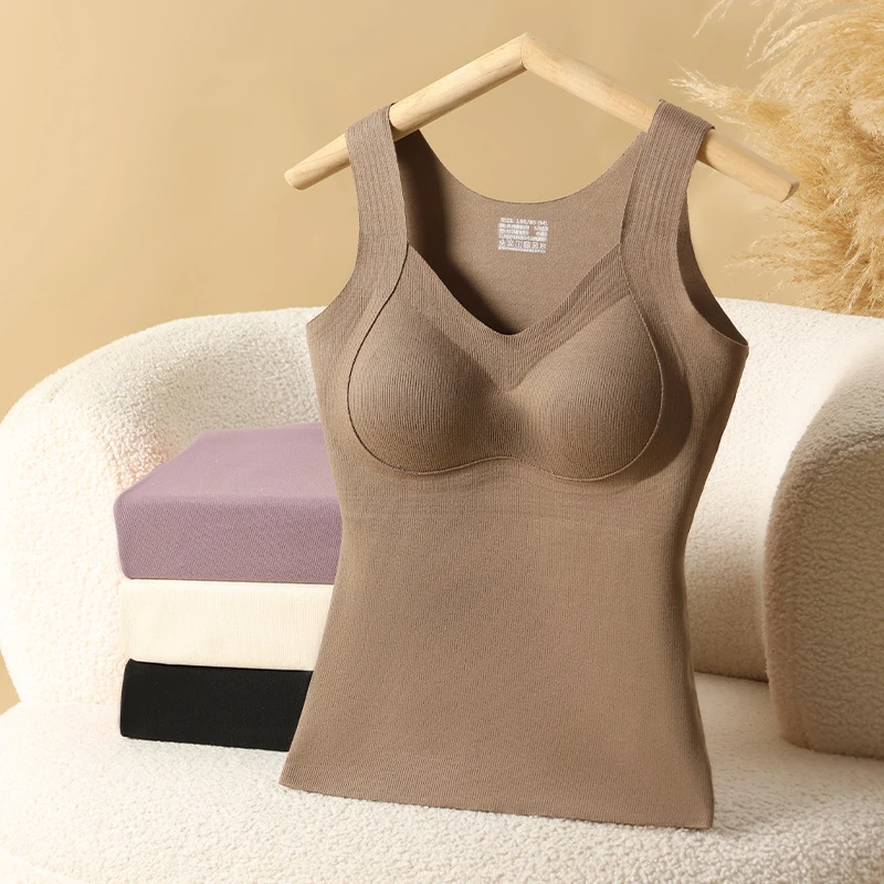 无痕保暖背心女带胸垫一体免穿文胸弹力紧身加绒加厚大码打底内衣