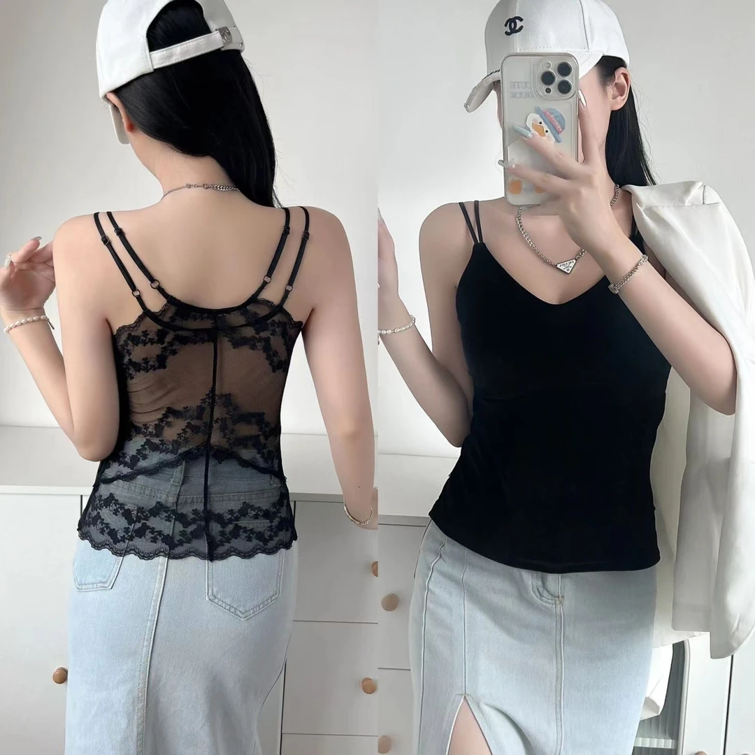 春季新款辣妹气质轻奢高级感后露背双肩带丝绒休闲百搭气质背心-N