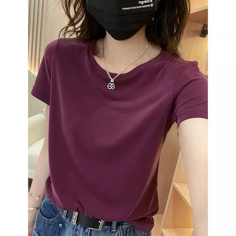 欧货铜氨丝短袖t恤女2025年夏季新款韩版宽松圆领休闲纯色上衣ins