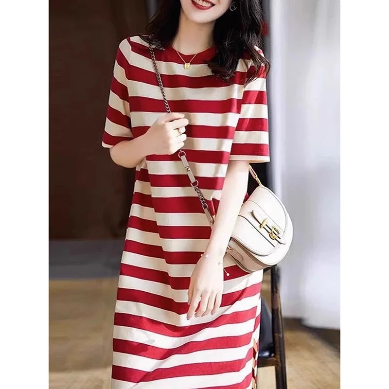 欧货红色条纹短袖t恤连衣裙女2025夏季新款a字中长款宽松圆领上衣