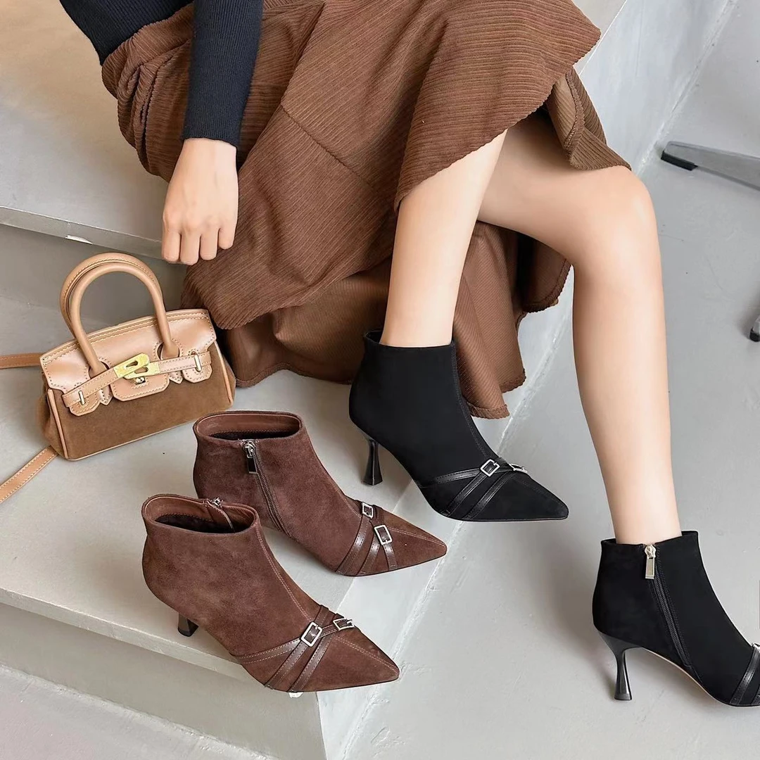 经典翻毛皮细跟时装靴里外全皮简约百搭