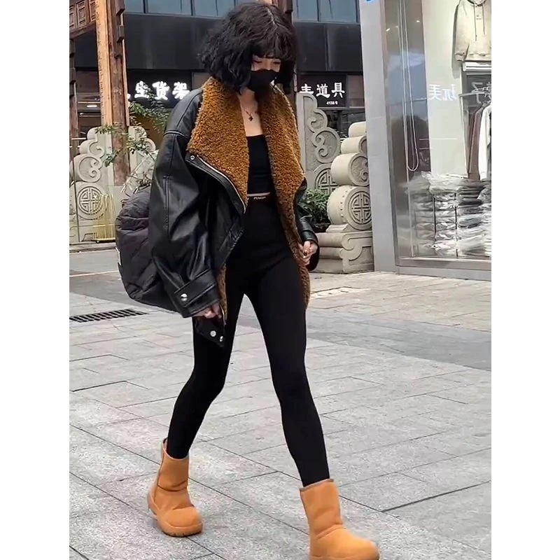 欧洲站2024冬季新款时髦质感高级加厚翻领PU皮机车服百搭棉衣外套